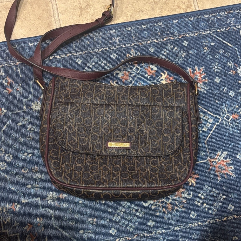 Calvin Klein Brown Monogram Crossbody with Burgundy Trim